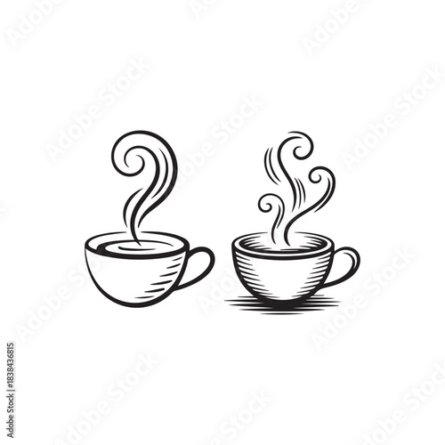 a simple black and white illustration depicts two steaming cups of coffee or tea showcasing warmth and relaxation