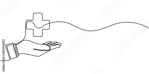 Continuous line drawing of palm hand holding medical cross and heart love. Vector illustration