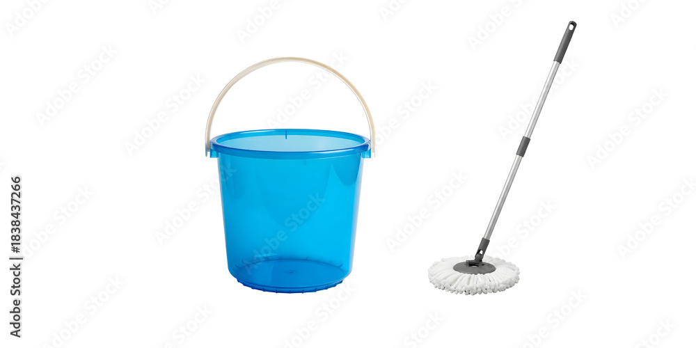 Fototapeta premium Bucket with mop and cleaning brush on white background