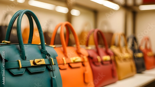 Colorful collection of fashionable leather handbags displayed in a luxury boutique window