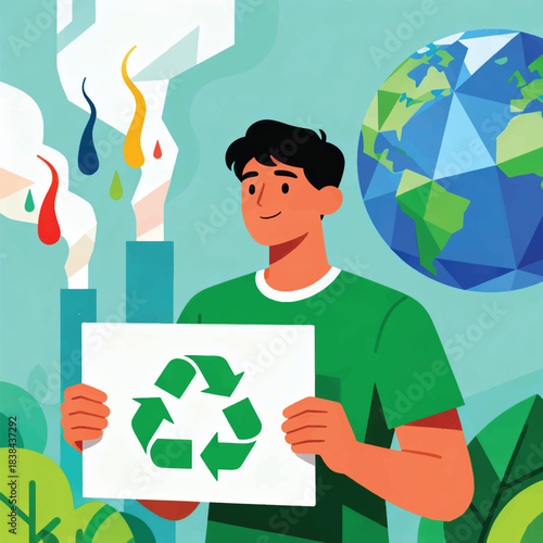 Illustration Of Character Holding Environmental Campaign Board, Emission Graph, Earth Vector Design Template