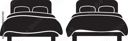 Two identical black silhouette beds with pillows and blankets facing forward