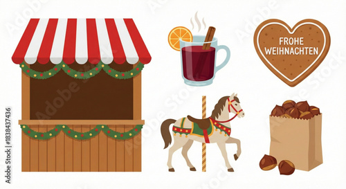 Christmas Market Icons Festive Booth, Mulled Wine, Gingerbread, and Carousel