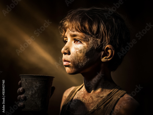 Child holding cup in dramatic warm light
