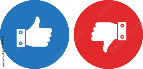 Thumbs Up and Thumbs Down Icon Set in Blue and Red Circle Vector
