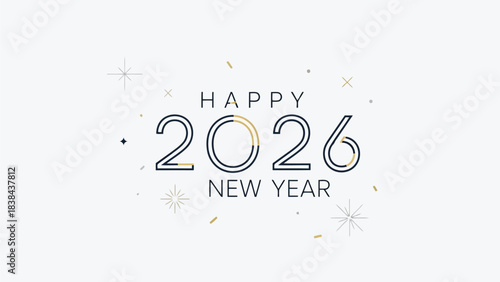 Festive Countdown: a minimalist design with Happy 2026 New Year in a simple font style and decorative star and geometric pattern elements celebrating the arrival of the new year. 