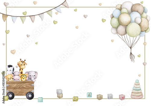 Cute toys in the chest. Watercolor frame, banner, backdrop for birthday, gender party, baby shower, children's party. Horizontal card, poster, invitation. Scandinavian style, boho, retro.
