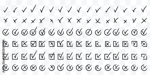 Hand drawn check and cross icons set in circle and square outline checklist marks vector illustration. Check tick mark icon set. Cross box x check mark checkbox v list vector draw hand drawn sketch 
