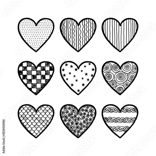 Hand drawn patterned hearts set