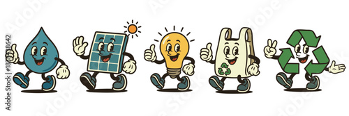 Cute retro eco mascots promoting sustainability with vintage cartoon style recycling and renewable energy icons