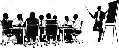 Silhouetted business team gathered in meeting while presenter explains strategy on flip chart, illustrating leadership, communication, collaboration, planning