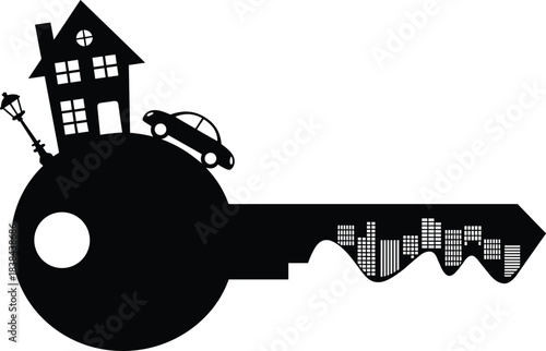 Silhouette key symbol with house, car, streetlamp and city skyline representing real estate ownership, security, lifestyle, investment concept