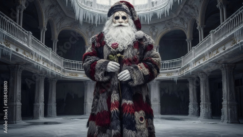 Scary santa claus stands in frozen abandoned manor, horror interpretation of Christmas character, mystical creature for fantasy themed design.