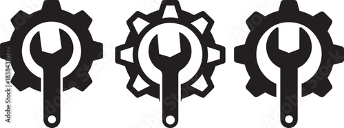 Three stylized wrench and gear icons representing mechanical services and engineering concepts