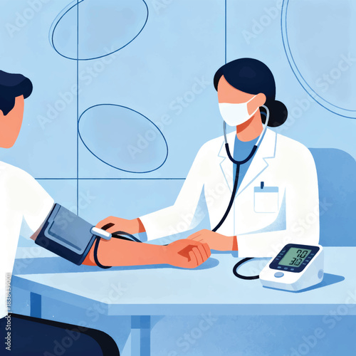 Illustration Of Medical Personnel Measuring Someone's Blood Pressure, Digital Blood Pressure Monitor Vector Design Template