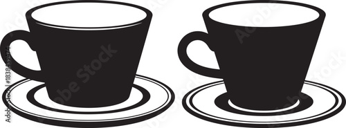 Two tall black coffee mugs with handles sitting on white saucers