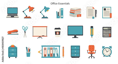 Office Essentials: A colorful, clean collection of essential office supplies and equipment, perfect for illustrating workplace organization and productivity.