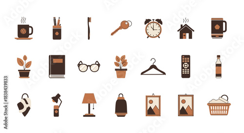 Home Essentials Collection: A curated collection of domestic objects, presented in a clean and modern style, ideal for illustrating lifestyle, home decor, or interior design concepts.