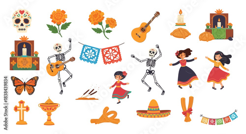 Day of the Dead Icon: A vibrant illustration showcases iconic symbols of the Day of the Dead, including decorative skulls, marigold flowers, a guitar, and dancing figures.