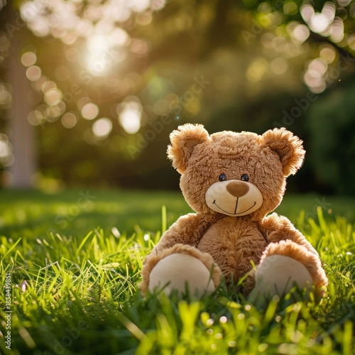 realistic photo of a plush toy sitting on fresh green grass, spring atmosphere, outdoor mood
