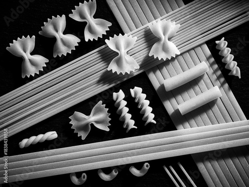 B&W flatlay of various dried pasta.