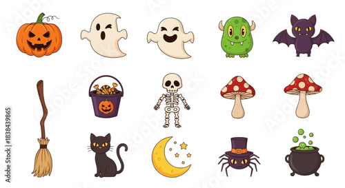 Halloween Decorations: A vibrant collection of playful Halloween icons, each exuding the spooky charm of the holiday, invites the imagination to explore the fun-filled world of All Hallows' Eve.