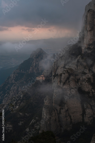 Montserrat Monastery Emerging from Fog at Sunset, Catalonia, Spain