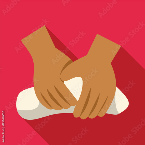Hands kneading dough on a red background, preparing food for baking