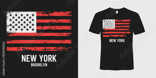 New York City T-Shirt Graphic Design Featuring American Flag and Grunge Texture in Bold Typography Style, Clean Vector Illustration for Authentic Apparel Prints and Streetwear Projects
