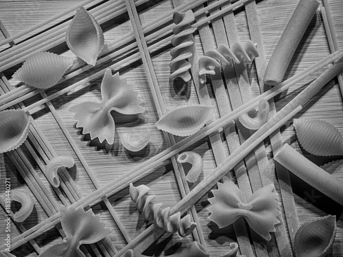   B&W of assorted dry pasta.