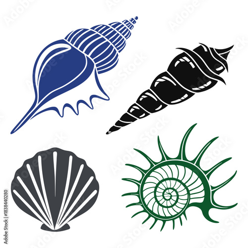 Set of four stylized seashell icons in blue spiral shell, black tapered shell, gray scallop shell and green nautilus shell