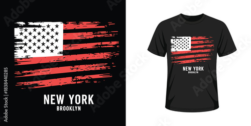 New York City T-Shirt Graphic Design Featuring American Flag and Grunge Texture in Bold Typography Style, Clean Vector Illustration for Authentic Apparel Prints and Streetwear Projects