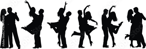 Silhouetted couples dancing in expressive romantic poses representing passion, movement, partnership, rhythm, elegance, performance, celebration, connection