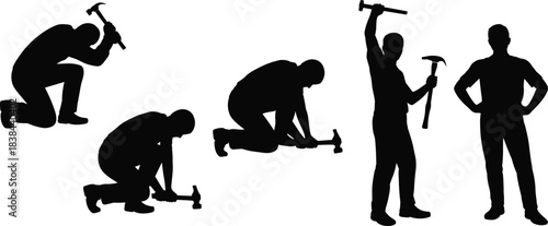 Silhouetted construction workers using hammers in various working poses representing labor, craftsmanship, building process, repair tasks, manual work