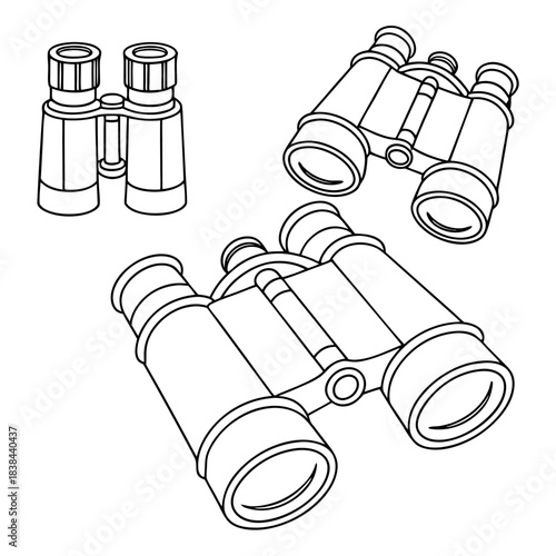 Set of three hand drawn illustrations of binoculars in different perspectives and sizes