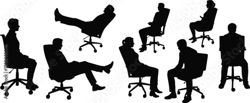 Silhouetted office workers sitting in various relaxed and professional poses on swivel chairs, illustrating workplace behavior, posture, corporate environment