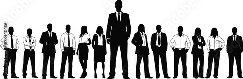 Silhouetted professional business team standing together in confident poses symbolizing leadership, teamwork, unity, corporate strength, organization success