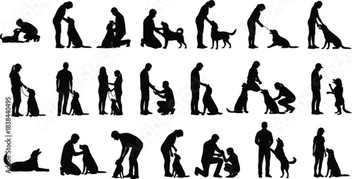 Silhouetted people training and interacting with dogs showing obedience practice, companionship, communication, pet behavior, bonding, discipline and care