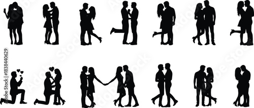 Silhouettes of romantic couples kissing hugging holding hands expressing love affection romance intimacy relationship connection passion celebration unity joy