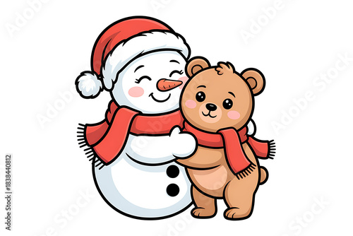 Cheerful snowman and teddy bear hug, winter festive cute friends