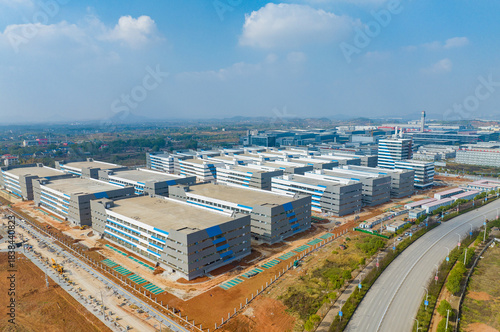 Obraz na plátně Aerial Industrial Park Panorama with Modern Manufacturing Facilities