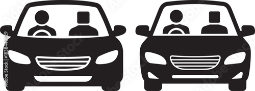 Two black car silhouettes with drivers visible inside facing forward