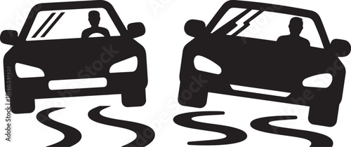 Two silhouetted cars driving on winding roads with a driver visible