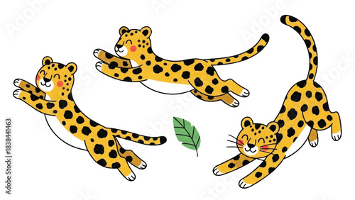 Realistic Leopard Poses Set: Hunting, Jumping, Roaring, and Climbing Wildlife Detail