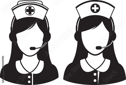 Two nurse silhouettes wearing headsets and caps with cross emblem