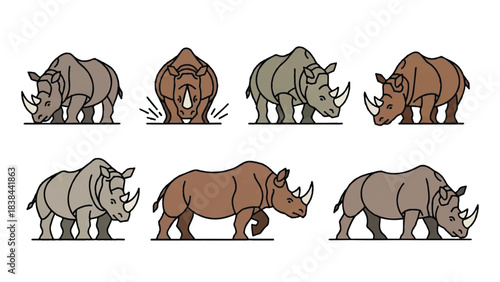 Rhino Poses Vector Set: Charging, Standing, Walking, and Endangered Species