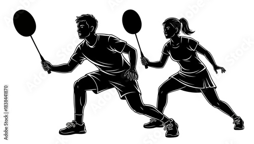 Silhouette of a Badminton Couple Playing Doubles Together Focused on the Game Action Shot