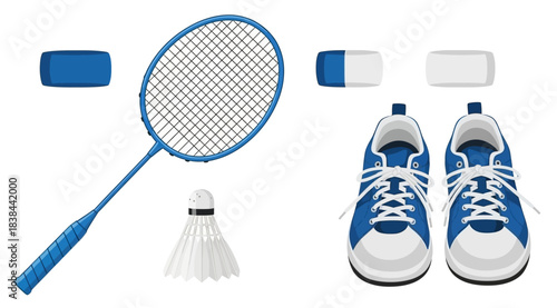 Badminton Gear Set Racquet Shuttlecock Sneakers and Grips Sports Equipment Illustration