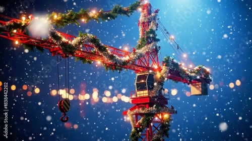 Industrial crane decorated with Christmas garland and string lights. Festive construction site in winter snow. Holiday spirit concept.
