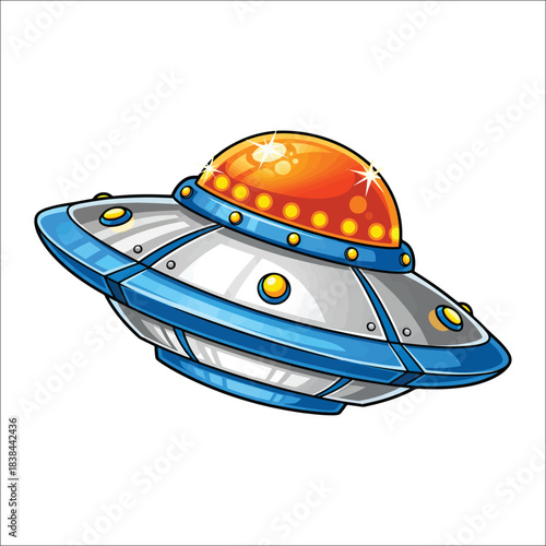 Cartoon Flying Saucer UFO with Orange Dome and Lights alien spaceship sci-fi
